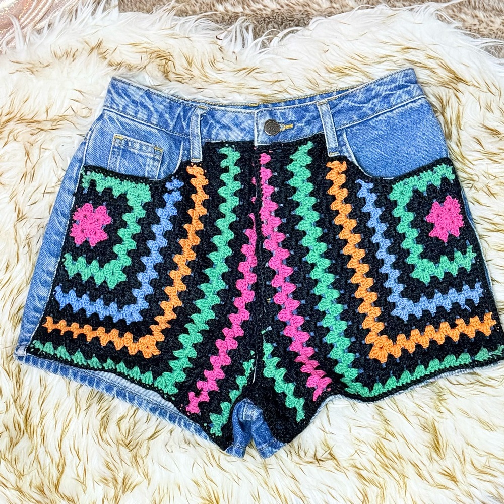 Farm Rio Colorful Crochet Denim Shorts